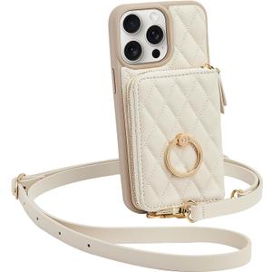 ZVE Wallet Case for iPhone 15 Pro Max with Card Holder, 360 Rotation Ring Stand Crossbody Zipper Wallet Lanyard Case for iPhone 15 Pro Max 6.7 Inch-Beige