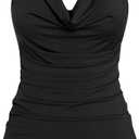 ZAFUL Women's Halter Two Piece Tankini Swimsuit Cowl Neck Swim Tank Top High Waisted Tummy Control Bathing Suits (Medium, 0-black Leopard)