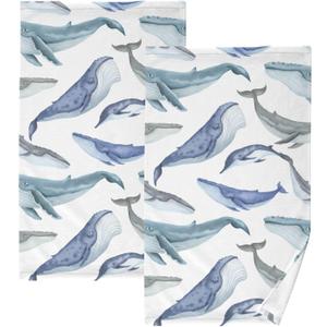 Watercolor Whales Hand Towels for Bathroom - Soft Cotton Hand Towel Set of 2, Absorbent Quick Drying Hand Towels for Hotel, Bathroom, Shower, Spa, 28" X 16"