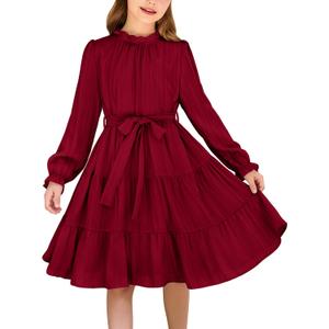 Arshiner Girls Long Sleeve Dress Tween Fall Formal Party Holiday Midi Tiered Flowy Swing Dresses with Belt (Red, 140)