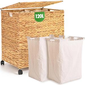 Livole Wicker Laundry Hamper 2 Sections with Lid & Wheel, 30 Gallon (120 L) Handwoven Water Hyacinth Laundry Basket with 2 Removable Liners & Handles for Bedroom Bathroom Laundry Room Natural