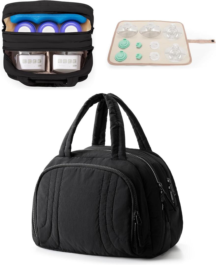 Wearable Breast Pump Bag Compatible with Momcozy and Eufy, Portable Pumping Bag with Cooler Compartment, Breast Pump Carrying Case with Drying Mat for Work, Travel and Family Use, Black