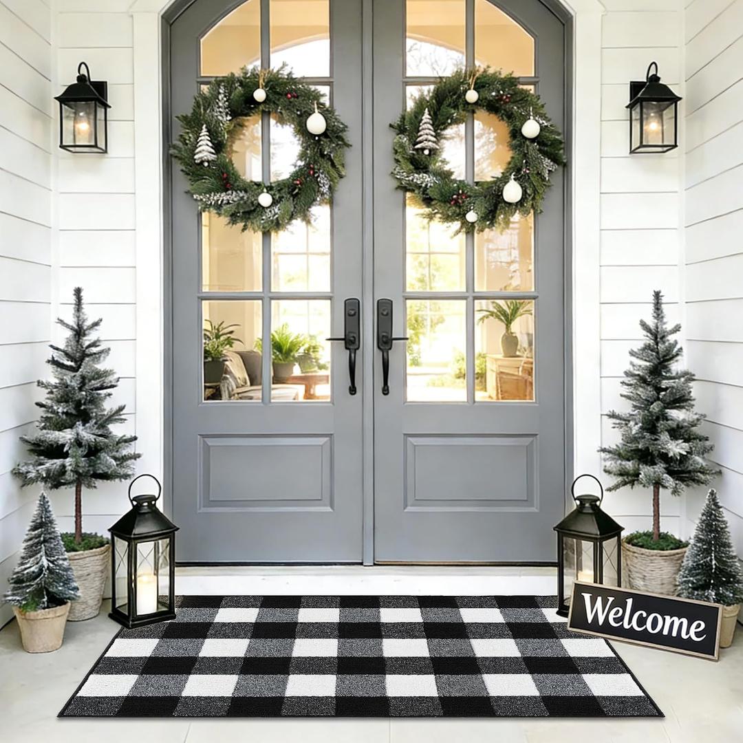 REFETONE Buffalo Plaid Rug 27.5"x43", Black and White Checkered Rug Rubber Backing Non-Slip Indoor Outdoor Rugs for Layered Door Mats, Washable Absorbent Carpet for Front Porch Farmhouse Entryway