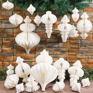 Cinnvoice 12 Pcs Christmas Large Hanging Honeycomb Balls Jumbo 3D Paper Christmas Tree Ornaments Decorative Lantern Honeycomb Decorations for Holiday Winter Xmas Party Wonderland(White)