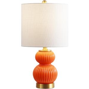 JONATHAN Y 20" Orange/Brass Gold Ribbed Gourd Glass Table Lamp, Modern Bedside Lamp for Bedroom Living Room, White Linen Drum Shade, LED Bulb Included (JYL1099E)