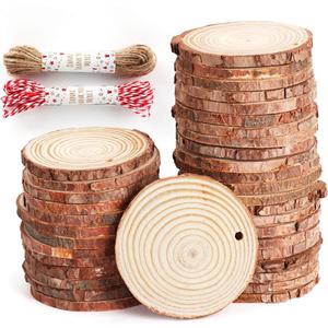 50Pcs Wood Slices 2.4"-2.8" Unfinished Natural Wood Rounds with Pre-drilled Hole and 66Feet Twine String, Wood Slices for Wood Burning Painting DIY Crafts Christmas Ornaments Party Wedding Decor