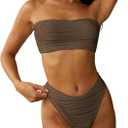 ZAFUL Women Strapless Textured Bandeau Bikini 2 Piece Swimwear Cheeky Solid Lace up Bathing Suits(1-Deep Coffee-CH, XL)