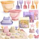 3 Pack Beach Toys Set for Kids Toddlers Girls, Collapsible Sand Buckets with Beach Molds and Mesh Bag, Sandbox Travel Toys Beach Vacation Essentials, Camping Gear, Fishing (Purple/Pink/Yellow)