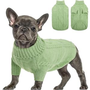 Queenmore Small Dog Pullover Sweater, Cold Weather Cable Knitwear, Classic Turtleneck Thick Warm Clothes for Chihuahua, Bulldog, Dachshund, Pug, Yorkie (Green, Large)