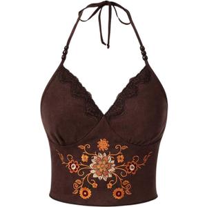 SOLY HUX Women's Lace Trim Floral Embroidery Cami Crop Tops Tie Backless Halter Top (Brown, XS)