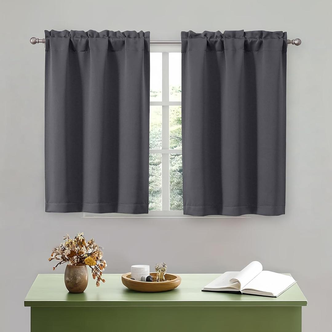 OWENIE Charcoal Grey Kitchen Curtains 36 Inch Length, Short Blackout Small Thermal Insulated Curtains Tier over Sink Rod Pocket Half Window for Bathroom Bedroom Camper RV Bunk, 2 Panels, Each 30Wx36"L