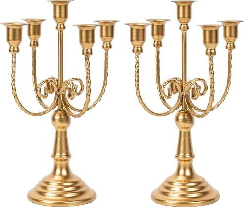 2Pcs Gold Candelabras Centerpieces for Tables, 11.8" Candlestick Holder for Taper Candles, 5 Arm Brass Candelabra Candle Holder for Wedding Centerpiece Decor Party Event Reception Decoration