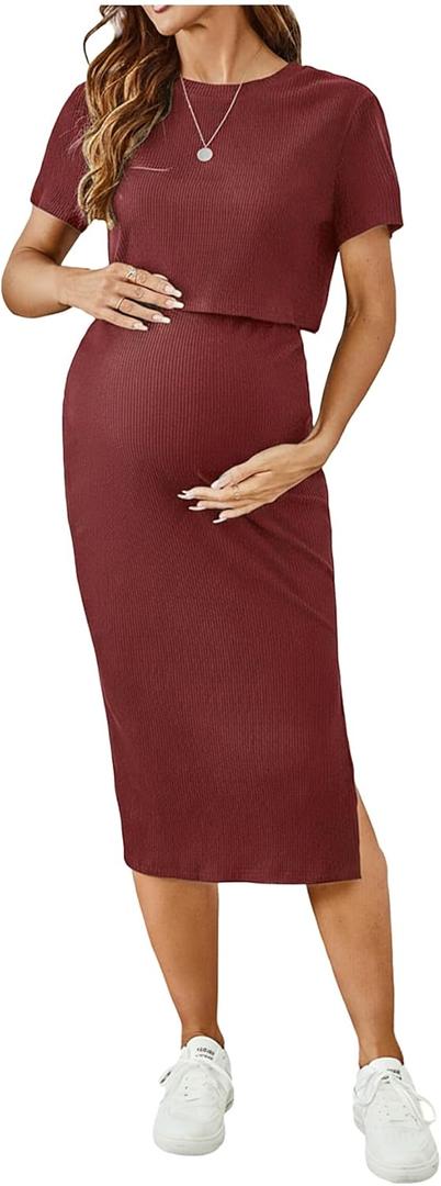 SHENHE Women's Maternity Ribbed 2 Piece Outfits Short Sleeve Crop Top Bodycon Slit Midi Skirt Set (Red, M)
