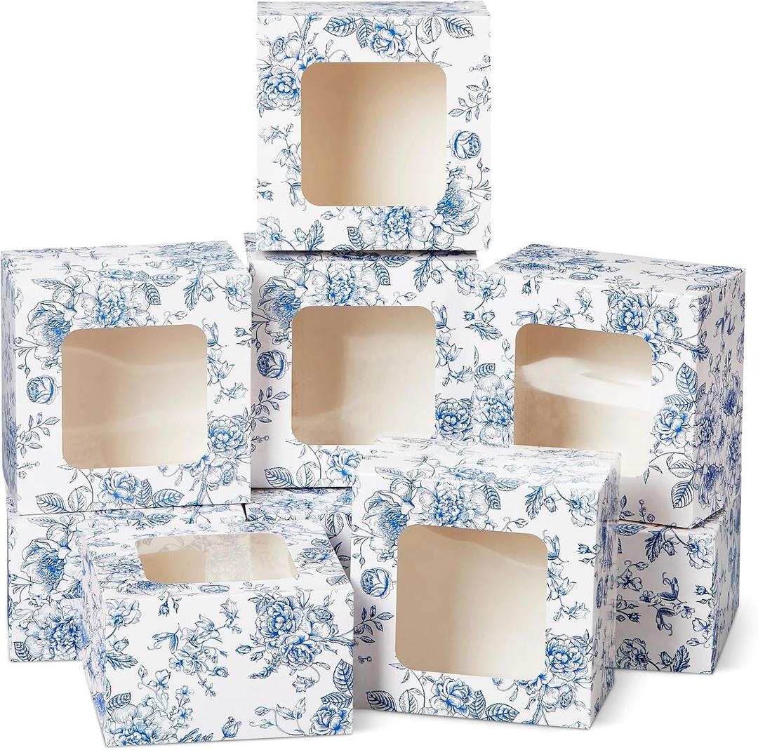 50 Pack Blue Floral Cookie Boxes with Window, Chinoiserie Small Bakery Treat Boxes for Pastry Donuts Macaroon Cupcakes, Wedding Bridal Shower Birthday Tea Party Baby Shower Favors, Flower