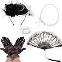 Fumwase 5Pcs Tea Party Accessories Set for Women Afternoon Tea Accessories Kit Gloves Hats Necklace Fan Bracelet (Black)