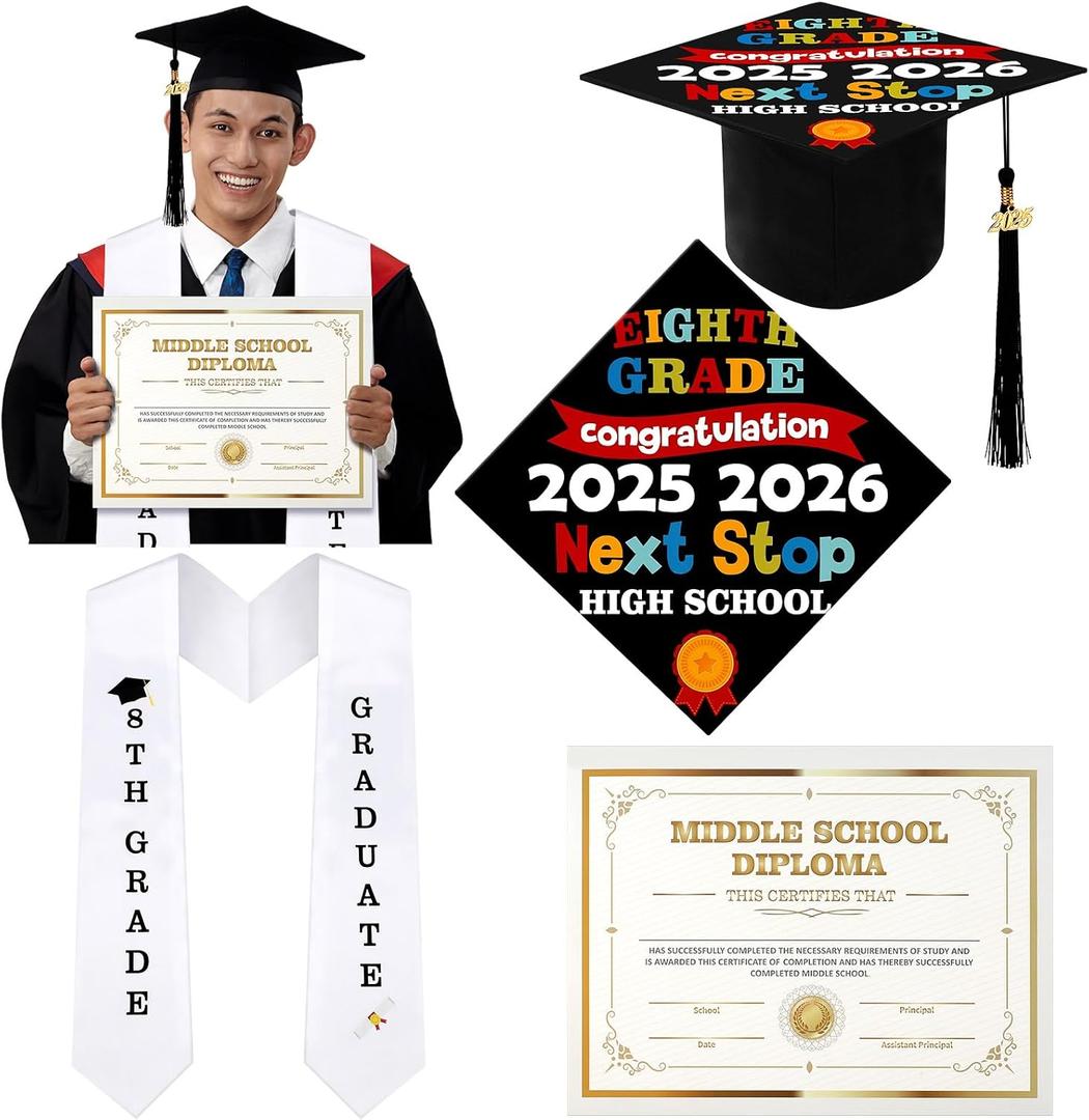 JaGely 3 Pcs 8th Grade Graduation Set Class of 2026 Graduation Cap and Stole Sash with Diploma Certificates Set for Middle School Students Supplies Teachers Parents Gifts