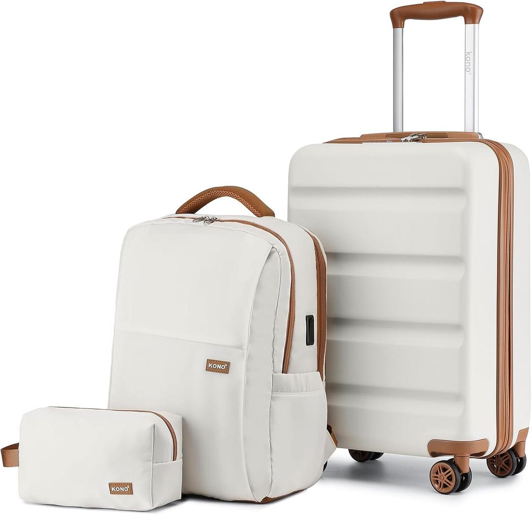 Kono Suitcase Set 3 Piece Luggage Set Carry On Travel Luggage TSA Lock Spinner Wheels Hardshell Lightweight Luggage Set (Cream White, 3 piece set(BP/TB/20))