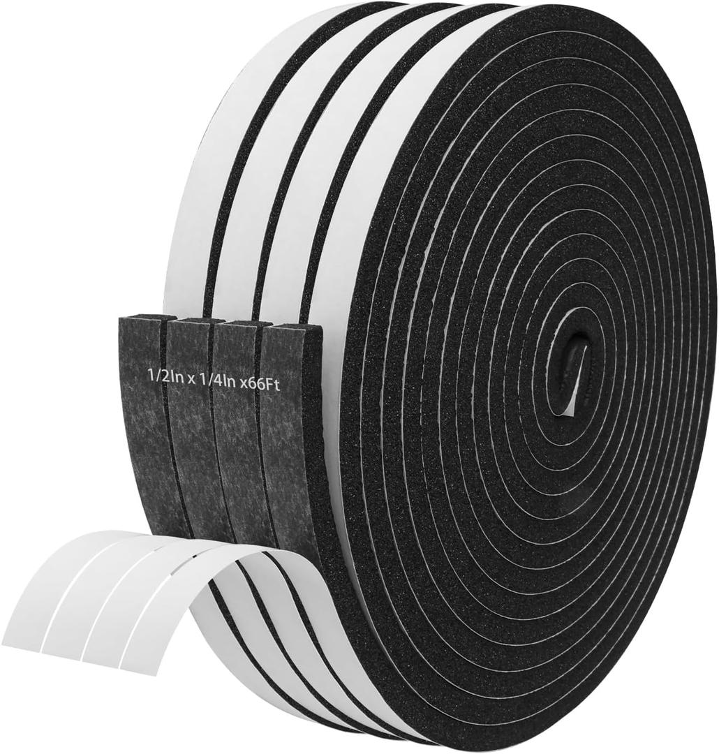 Storystore Weather Stripping Door Seal Strip, 1/2In x 1/4In x 66FT Self Adhesive Foam Tape for Door Window Insulation Soundproofing Weatherstrip, High Density Foam Seal for Doors Windows Furniture