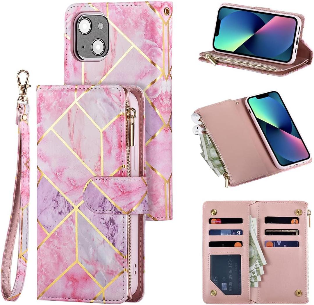 UEEBAI Wallet Case for iPhone 13 6.1 inch, Premium Vintage PU Leather Magnetic Closure Handbag Zipper Pocket Case Kickstand Card Holder Slots with Wrist Strap TPU Shockproof Flip Case - Pink&Purple