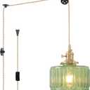 Shenmoyl Plug in Pendant Light Hanging Light Fixture Corded On/Off Switch Brass Pendant Light with Green Striped Glass Lampshade for Bedroom Living Room Kitchen Island (Plugin 1 pack (Pulley))