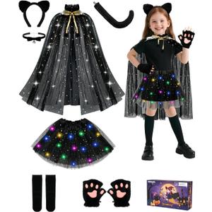 Black Cat Costume for Girls, Halloween Cat Costume Set with Light Up Tutu Skirt, Ears Headband Tail Gloves for Kids