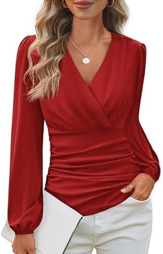 GRACE KARIN Long Sleeve Blouses for Women Dressy Casual, Elegant Wrap Tops V Neck Work Shirts, 2025 Fall Business Outfits.XL