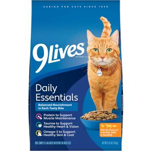 9Lives Daily Essentials Dry Cat Food for Adult Cats with Chicken, Beef & Salmon Flavors, 3.15 lb. Bag (Pack of 4) (EXP 05/08/27)