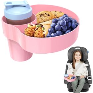 2PCS Resptasski Car Seat Cup Holder Snack Tray for Kids  Travel Tray for Car, Booster, Stroller, Outdoor Essentials Kit. Universal Adjustable Tray with Detachable Base for Snacks, Toys, Food (Pink)