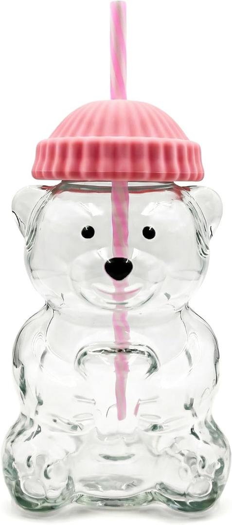 Glass Bear Cup,Bear Cup with Straw, 500ml Reusable Bear Glass Tumbler with Lid for Iced Coffee, Milk Tea, and Cocktails, Dishwasher Safe(Pink), 16.9 Ounces
