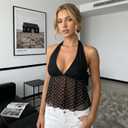 Mxiqqpltky Halter Neck Polka Dot Tops for Women Sexy Sheer Mesh V Neck Peplum Tie Backless Y2k Going Out Tank Top Clubwear (Black, L)