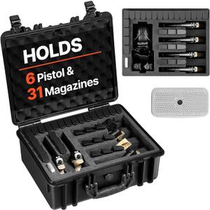 VEVOR Hard Pistol Case, Holds Multiple Pistols & Magazine, Hard Gun Case with Pre-Cut XPE Foam Lining, Waterproof Firearm Travel Case with Handle for Gun, Lenses, Camera, Gear, TSA Compliant, 6 Pistols & 31 Magazine