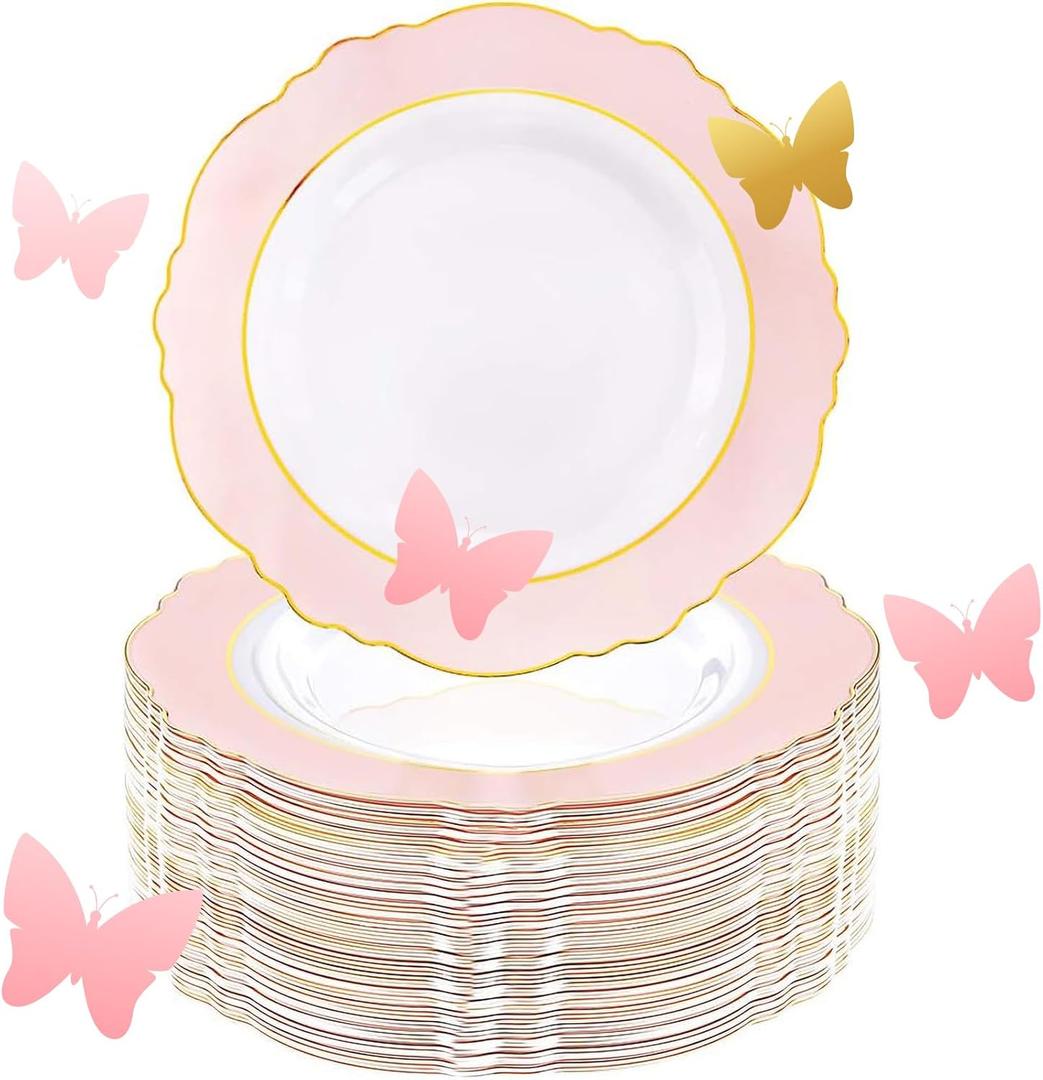 WDF 60pcs Pink Plastic Plates - 10.25inch Baroque Pink And Gold Disposable Dinner Plates for Upscale Parties -Special for Wedding, Party,Birthdays