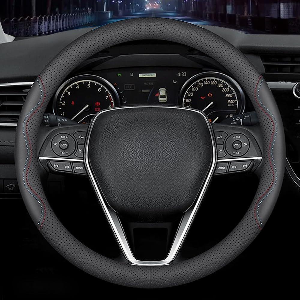 LKWLIKEI Nappa Premium Leather car Steering Wheel Cover, Non-Slip, Breathable, Universal 15 inches,Black and red Blue line