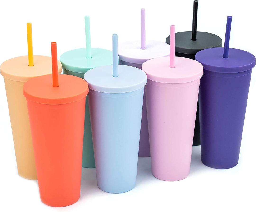 STRATA CUPS Classic Tumblers with Lids and Straws (8 pack) - 22oz Matte Pastel Colored Acrylic Tumblers with Lids and Straws, Double Wall Tumbler Bulk, Reusable Cup with Straw Cleaner (Assorted)