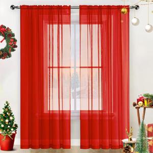 SpaceDresser Sheer Voile Window Treatment Rod Pocket Curtain Panels for Kitchen Bedroom Living Room Drapes Sunlight Filtering Privacy Semi Home Decor Assorted (Red, 52 W x 72 L)