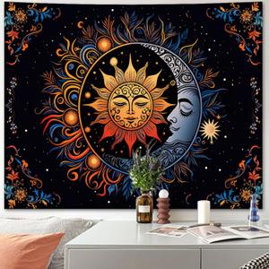 Hippie Sun and Moon Tapestry Wall Hanging for Bedroom Aesthetic, Boho Bohemian Hippy Mystic Floral Tapestries, Mandala Floral Backdrop Decor for Living Room Dorm (51"X60")
