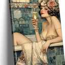 WWN Vintage Bathroom Canvas Wall Art Victorian Funky Woman in Bathtub Picture Wall Decor Trendy Champagne Bar Cart Decor Painting Poster Print for Bathroom Toilet Bar Home Decor,12x16in Wrapped Canvas (12L''x16W'')