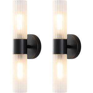Wall Sconces Set of Two, Bathroom Light Fixtures 2-Light, Modern Vanity Light for Bathroom, Wall Light with Frosted Glass Rods Shades for Mirror Bedroom Hallway (Black)