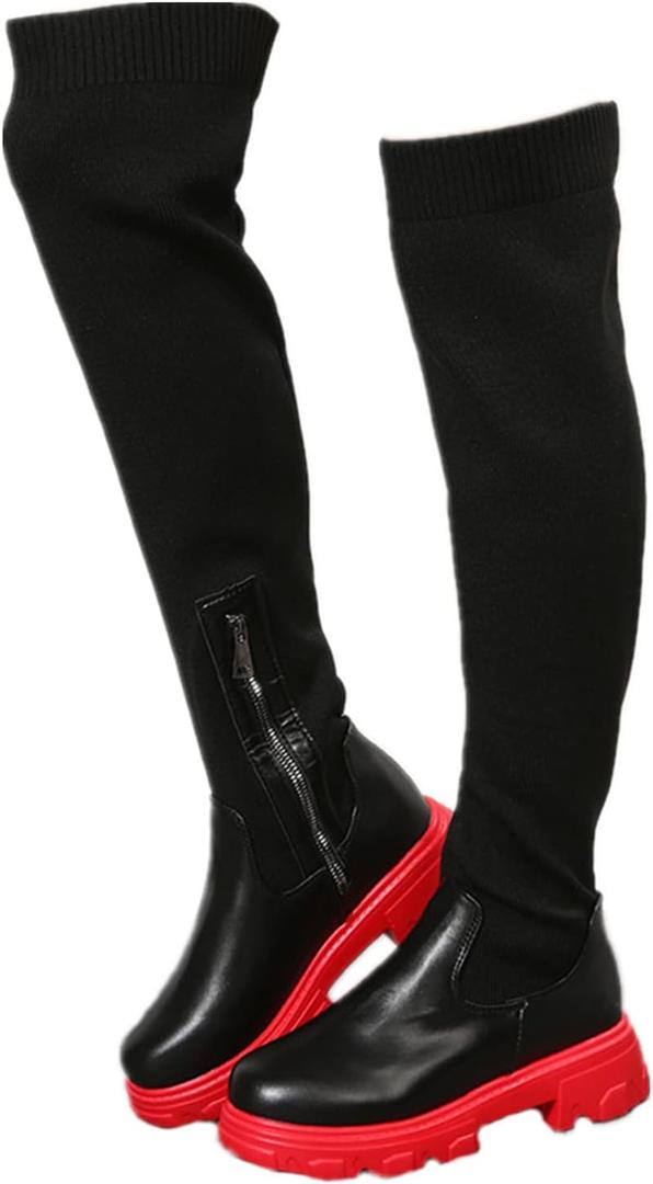 UOQAPRE Women's Over The Knee Thigh Low Chunky Heel Boots,Round-Toe Side Zip Long Boots Platform Chunky Heel Bootie for Women (7.5, Black-02)
