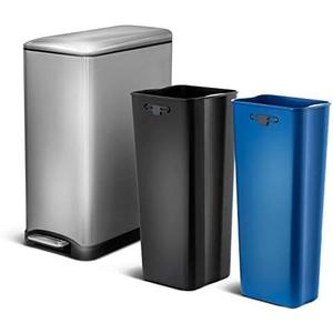 Home Zone Living 13 Gallon Slim Kitchen Trash Can with Dual Compartments for Trash and Recycling, Soft Close Lid, Step Pedal, Stainless Steel, Silver, Gen 1