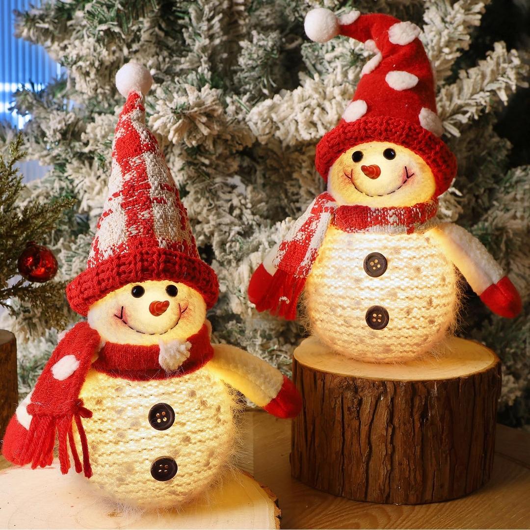 Juegoal 2 Pack Christmas Table Decorations, 10 Inch Lighted Snowmen Figurines, Light Up Snowman Holiday Present, Battery Operated Xmas Gifts Tabletop Ornaments Dinner Party Supplies, Red Brim