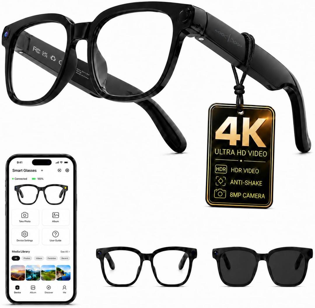 AI Smart Glasses with Camera, 4K Anti-Shake Video & Photo Capture. | Real-Time Translation, Object Recognition, AI Assistant, Open-Ear Audio, Smart Glasses with Camera and Bluetooth, Black