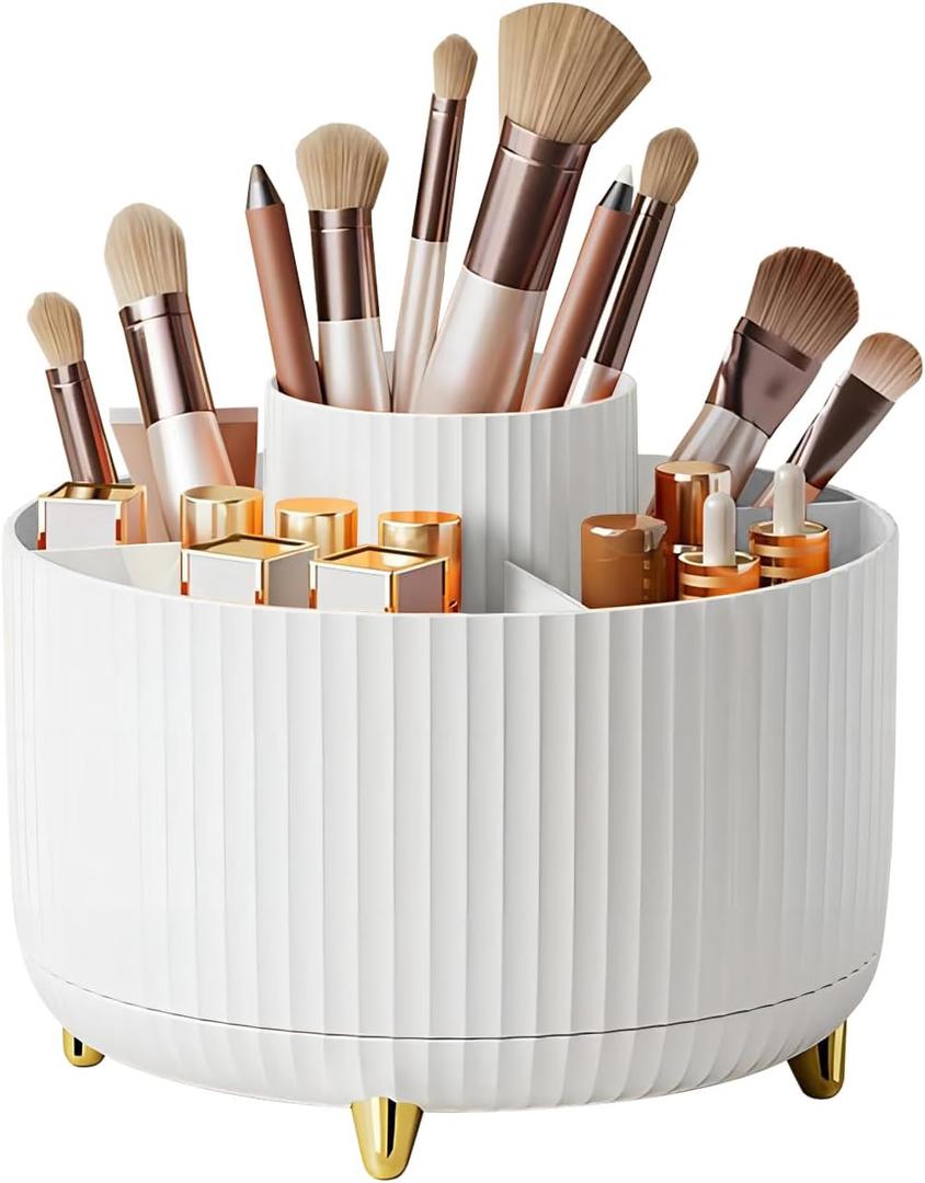 DASITON Large Capacity Makeup Brush Holder,360 Rotating Makeup Organizer,5 Slot Makeup Brushes Cup,for Vanity Decor,Bathroom Countertops,Desk Storage Container,Cosmetic Display cases(White)