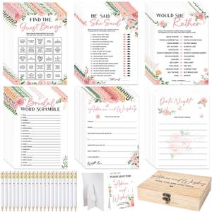 Silipull Bridal Shower Games Set for 50 Guests Includes Bingo, He Said She Said, Scramble, Would She Rather, Advice and Wishes Wedding Games Double Sided with Wooden Box, 20 Pencils(Floral)