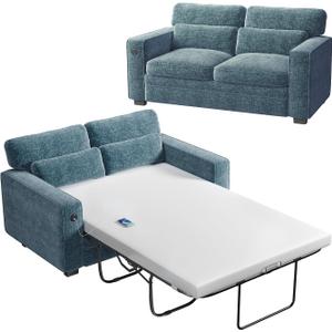 Marsail Pull Out Sofa Bed, Queen Size Sleeper Sofa with Memory Foam Mattress, 2 USB Charging and Removable Covers, Loveseat for Living Room, Apartment, Supports 600 LBS, Chenille Fabric, Blue