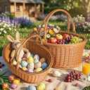 Lanpn Rattan Easter Basket 2 Pcs Set Double Handle Woven Baskets Waterproof for Egg Hunt Candy Picnic and Spring Home Decoration Wicker Basket (Brown)