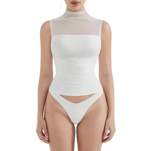 SUUKSESS Women Sexy Mesh Sheer Sleeveless Crop Tank Tops Double Lined Fitted Mock Turtle Neck Ruched Going Out Tops(Snow White, XL)