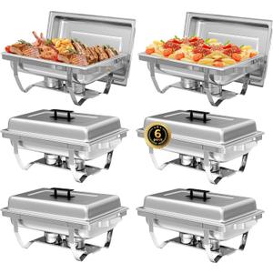 IMACONE 6 Pack Chafing Dish Buffet Set, 8QT Stainless Steel Rectangular Chafers and Buffet Warmer Sets for Catering, with Food & Water Pan, Lid, Foldable Frame, Fuel Holder for Event Party Holiday (Silver)