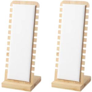 2PCS Natural Color Body Bamboo Jewelry Necklace Display Stand with White Leather Soft Mat Necklace Pendant Tabletop Display Holder for Home Selling Shows