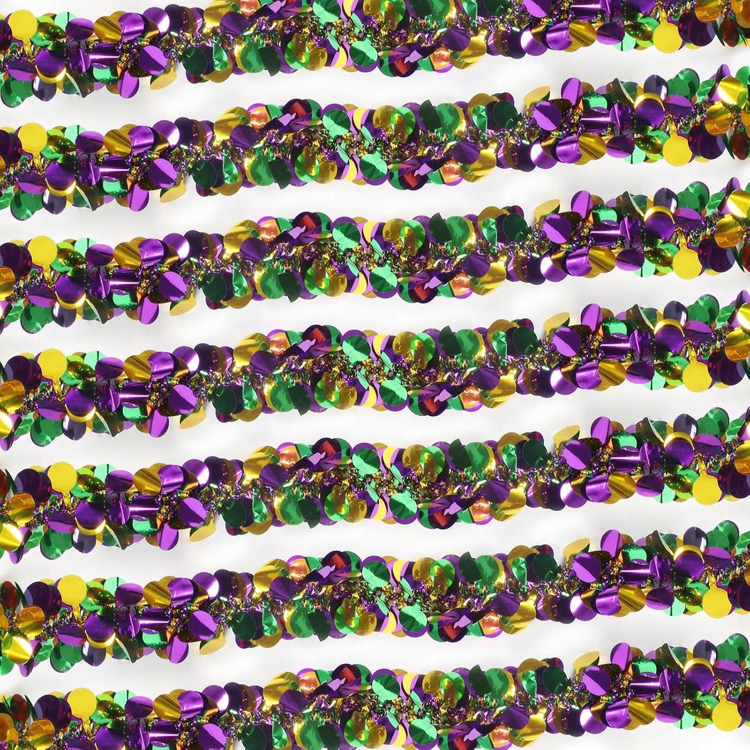 100 Feet Mardi Gras Tinsel Garland Gold Green Purple Garland Mardi Gras Christmas Tree Tinsel Metallic Twisted Hanging Streamer for Oktoberfest Birthday Party Decoration